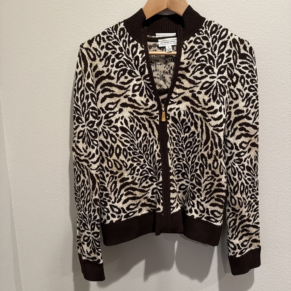 St John Sport Twinset Animal Print Size P Knit Sweater Set Tank And Zip Cardigan